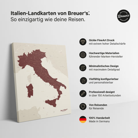 Mappa dell’Italia per puntine TRAVEL® – Rosso Bordeaux