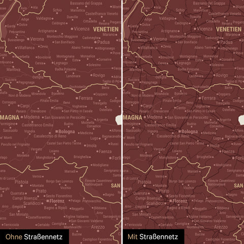 Mappa dell’Italia per puntine TRAVEL® – Rosso Bordeaux