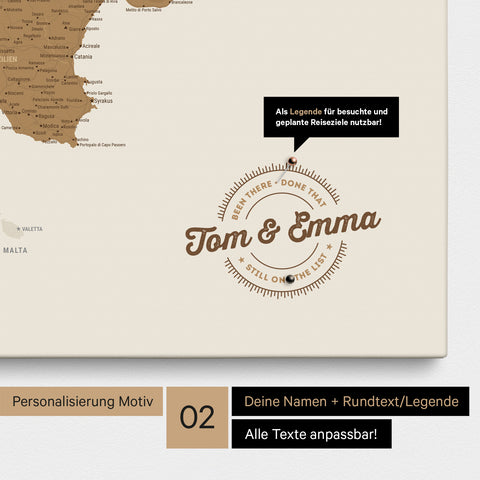Italien-Karte Pinn-Leinwand in Bronze mit Personalisierung als rundes Logo, das eine Legende für bereits besuchte Reiseziele im Rundtext beinhaltet