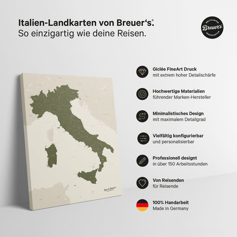 Mappa dell’Italia per puntine TRAVEL® – Verde oliva