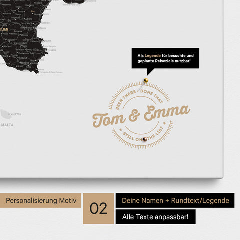 Italien-Karte Pinn-Leinwand in Light Black mit Personalisierung als rundes Logo, das eine Legende für bereits besuchte Reiseziele im Rundtext beinhaltet