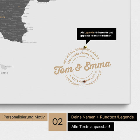 Italien-Karte Pinn-Leinwand in Light Gray mit Personalisierung als rundes Logo, das eine Legende für bereits besuchte Reiseziele im Rundtext beinhaltet