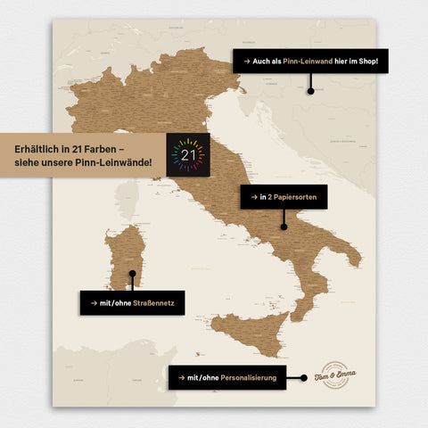 Mappa dell’Italia TRAVEL® poster premium – in 21 colori