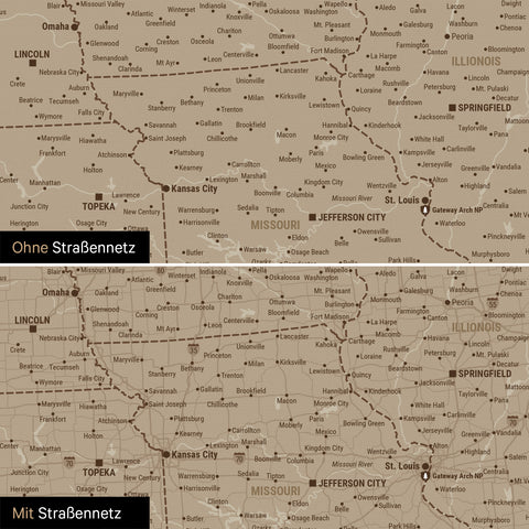 Kanada & USA Karte Pinn-Leinwand in Beige optional mit dem Straßennetz der größten Highways und Interstates
