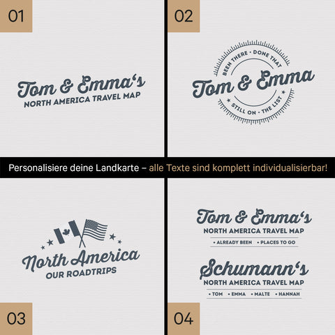 Kanada & USA Landkarte mit hohem Detailgrad als Pinnwand Leinwand in Denim Blue mit Personalisierung und Eindruck mit deinem Namen
