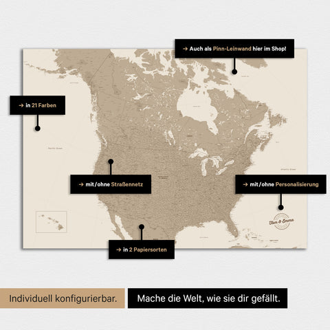 Mappa di Canada e USA TRAVEL® poster premium – in 21 colori