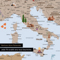 Ausschnitt einer Kinder-Europakarte als Pinn-Leinwand in Farbe Brown zeigt Pins von Reisezielen in Italien mit Illustrationen von dem Kolosseum und der Toskana
