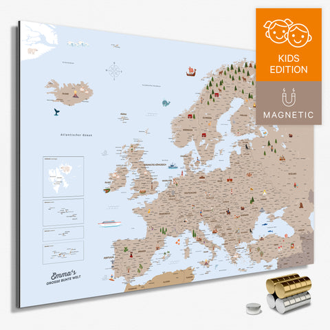 Bunte Europakarte für Kinder in Farbe Brown mit liebevollen Illustrationen und Bildern als Magnetboard mit zum Pinnen und Markieren kaufen