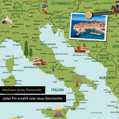 Ausschnitt einer Kinder-Europakarte als Magnetboard in Farbe Classic zeigt Pins von Reisezielen in Italien