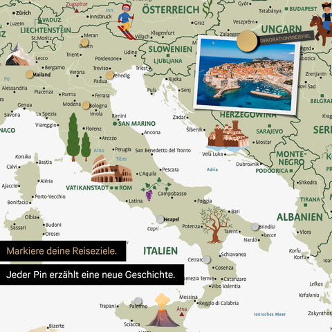 Ausschnitt einer Kinder-Europakarte als Magnetboard in Farbe White zeigt Pins von Reisezielen in Italien