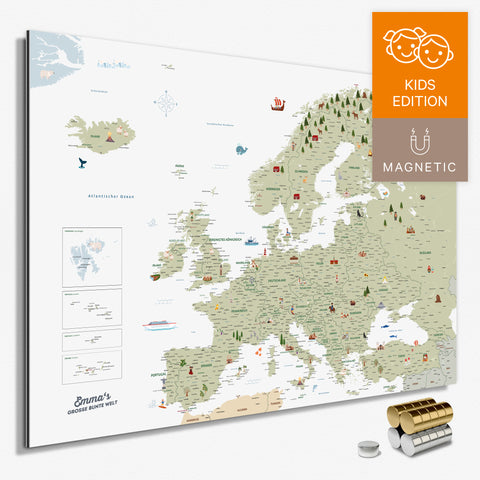 Bunte Europakarte für Kinder in Farbe White mit liebevollen Illustrationen und Bildern als Magnetboard mit zum Pinnen und Markieren kaufen