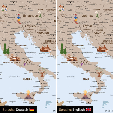 Vergleich einer Kinder-Europakarte in den Sprachen Deutsch und Englisch als Poster in Farbe Brown
