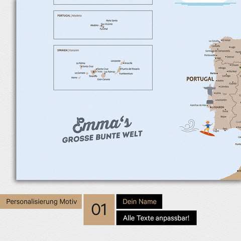 Kinder-Europakarte mit hohem Detailgrad als Poster in Farbe Brown mit Personalisierung und Eindruck mit deinem Namen