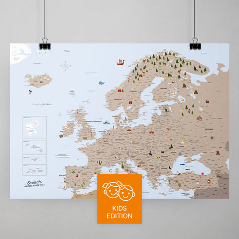 Bunte Europa-Karte für Kinder in Farbe Brown mit liebevollen Illustrationen und Bildern als Poster mit zum Pinnen und Markieren kaufen