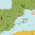 Ausschnitt einer Kinder-Europakarte als Poster in Farbe Classic zeigt Spanien mit Illustrationen