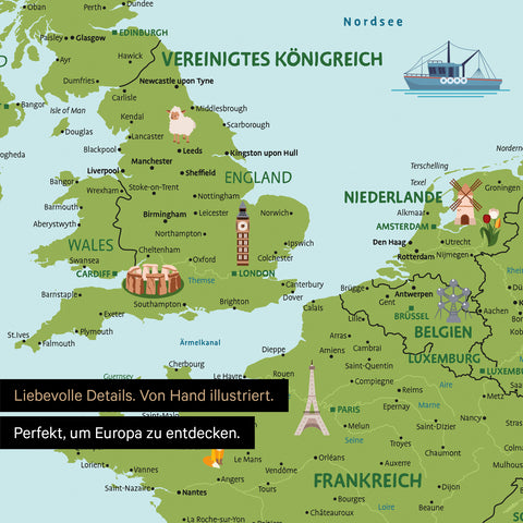 Ausschnitt einer Kinder-Europakarte als Poster in Farbe Classic zeigt Pins in Reisezielen von Frankreich und England