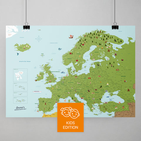 Bunte Europa-Karte für Kinder in Farbe Classic mit liebevollen Illustrationen und Bildern als Poster mit zum Pinnen und Markieren kaufen