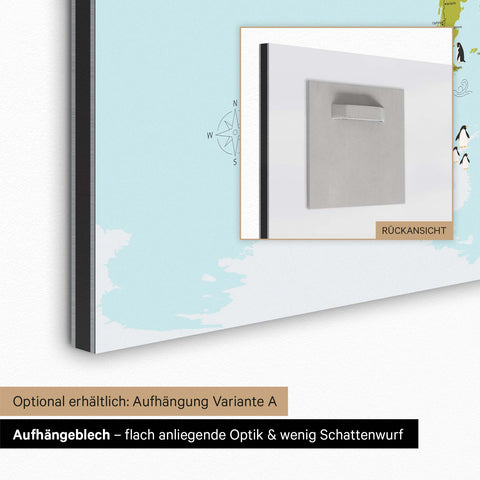 Aufhängeblech für magnetische Kinder-Weltkarte zur einfachen Wandmontage für eine flach anliegende Optik