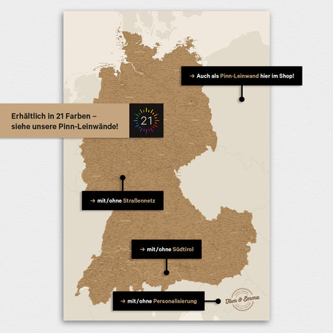 Mappa di Germania, Austria e Svizzera TRAVEL® poster magnetico – in 21 colori