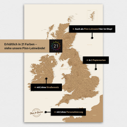 Mappa UK Inghilterra & Irlanda TRAVEL® Magnetposter – in 21 colori