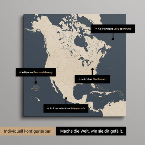 Vielfältige Konfigurationsmöglichkeiten einer Nordamerika Landkarte als Pinn-Leinwand in Farbe Hale Navy (Dunkelblau-Gold)