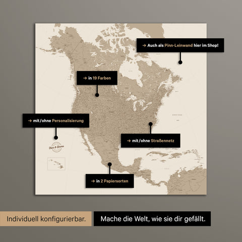 Mappa del Nord America TRAVEL® poster premium – in 19 colori