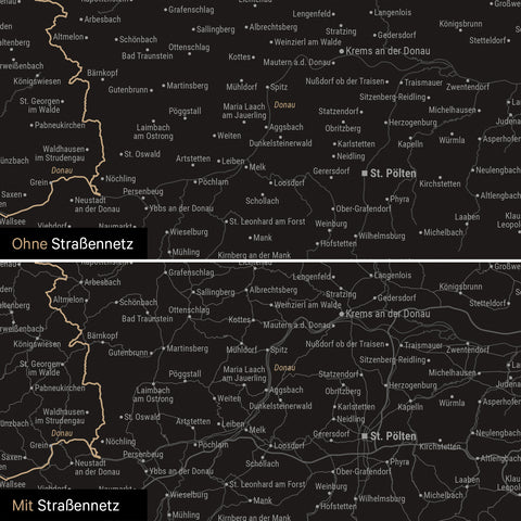 Österreich-Karte Leinwand in Light Black (Weiß-Schwarz) wahlweise mit oder ohne Straßennetz