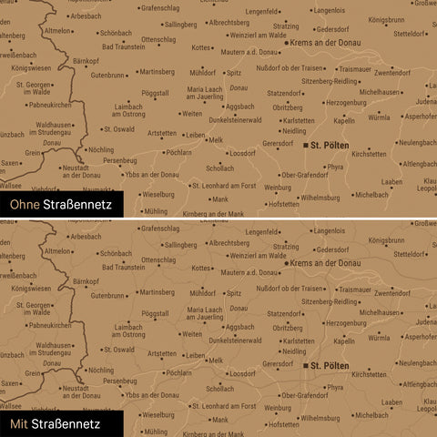 Vergleich einer Österreich-Karte mit und ohne Straßennetz
