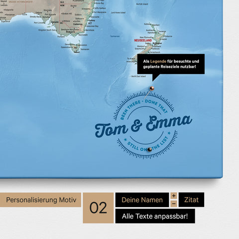 Mappa fisica del mondo personalizzata come Mappa per puntine su tela multicolore Terra con nomi stampati e una legenda per segnare i luoghi visitati