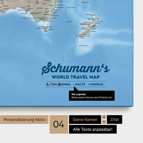Mappa per puntine tela di una mappa fisica del mondo in Terra multicolore con personalizzazione come logo con cognome e legenda