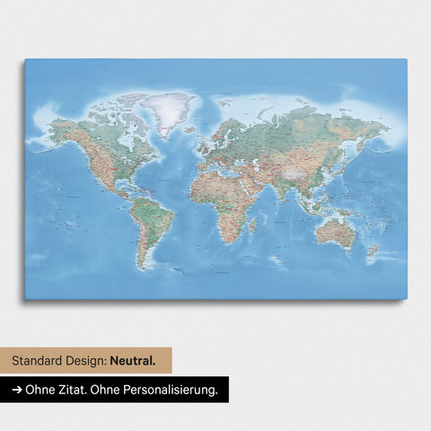 Versione neutra e semplice di una mappa fisica del mondo come Mappa da puntine in Terra multicolore senza personalizzazione