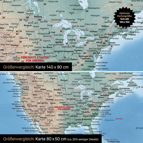 Confronto dimensioni di una mappa fisica del mondo su tela nei formati 140 x 90 cm e 80 x 50 cm