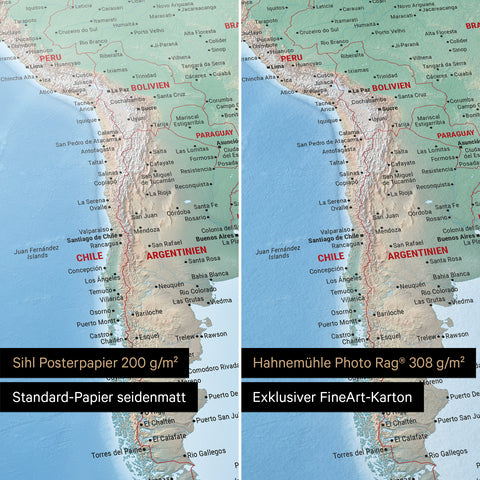 Mappa fisica del mondo multicolore Terra come poster nelle carte Sihl Posterpapier o Hahnemühle Photo Rag