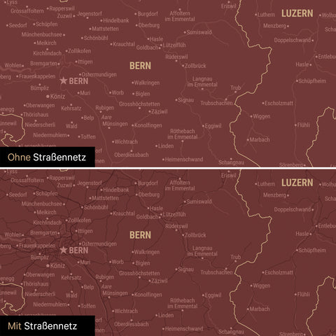 Schweiz-Karte als Pinn-Leinwand in Bordeaux Rot mit Eindruck eines Firmenlogos