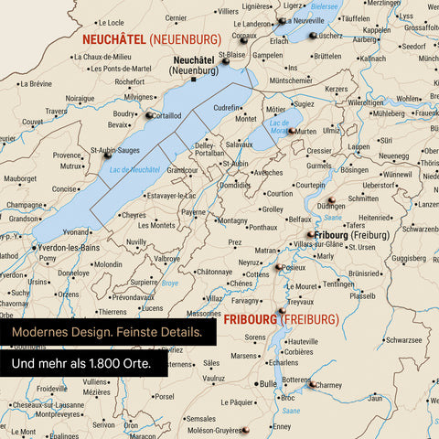 Ausschnitte einer Schweizkarte in der Region Freiburg und Thunersee als Pinn-Leinwand in Multicolor Classic mit 1.400 Orten