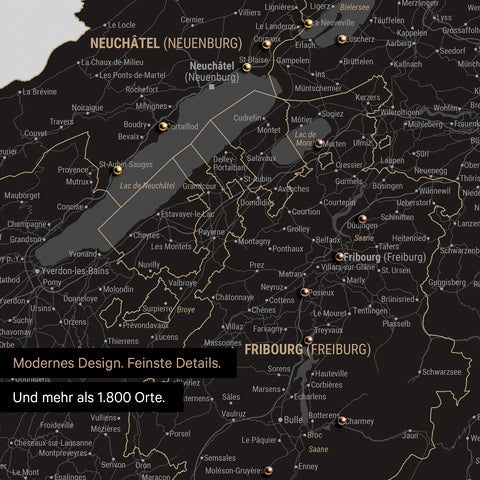 Ausschnitte einer Schweizkarte in der Region Freiburg und Thunersee als Pinn-Leinwand in Light Black mit 1.400 Orten