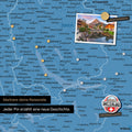 Detail einer magnetischen Schweiz-Karte als Magnettafel in Blau zeigt die Region um Zürich mit einem angepinnten Foto sowie Reise- und Urlaubsmagnete