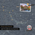 Detail einer magnetischen Schweiz-Karte als Magnettafel in Denim Blue zeigt die Region um Zürich mit einem angepinnten Foto sowie Reise- und Urlaubsmagnete
