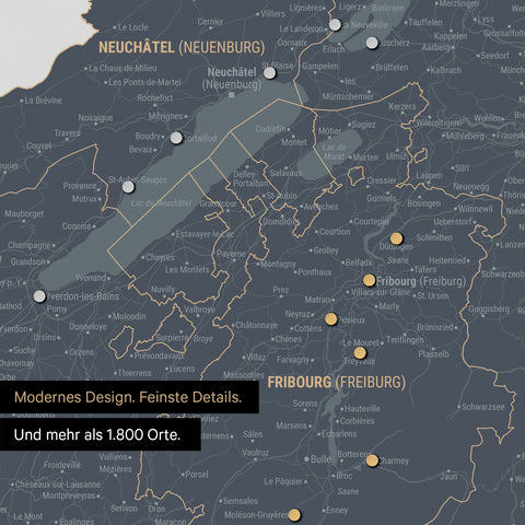 Ausschnitte einer Schweizkarte in der Region Freiburg und Thunersee in Denim Blue mit 1.400 Orten