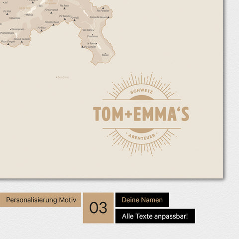 Schweiz-Karte Magnetboard in der Farbe Gold mit Personalisierung als Logo im Vintage-Look