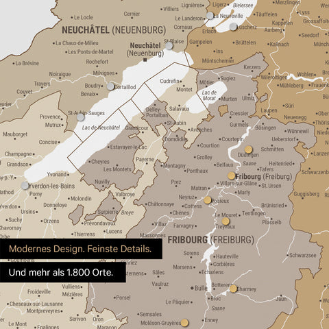 Ausschnitte einer Schweizkarte in der Region Freiburg und Thunersee in Multicolor Beige mit 1.400 Orten