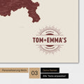 Schweiz-Karte Magnetboard in der Farbe Bordeaux Rot mit Personalisierung als Logo im Vintage-Look