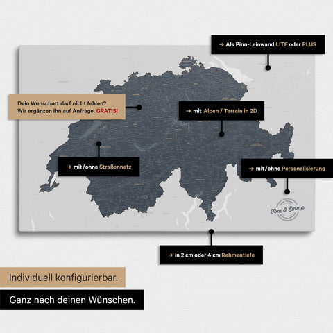 Vielfältige Konfigurationsmöglichkeiten einer Schweiz-Karte in Denim Blue