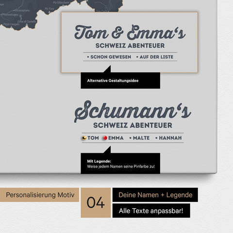 Pinnwand Leinwand einer Schweiz-Karte in Denim Blue mit Personalisierung als Logo mit Familiennamen