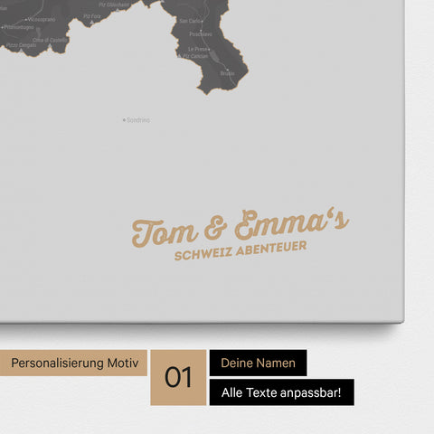 Schweiz-Karte als Pinnwand Leinwand in Dunkelgrau mit Personalisierung und Eindruck mit deinem Namen