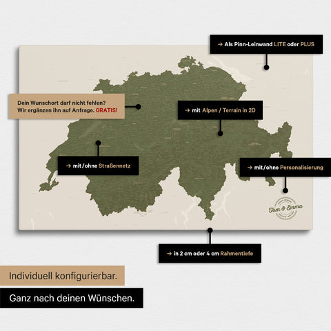 Vielfältige Konfigurationsmöglichkeiten einer Schweiz-Karte in Olive Green