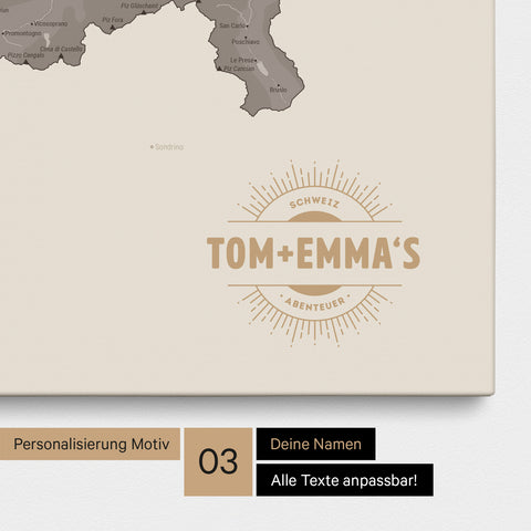 Schweiz-Karte als Pinn-Leinwand in Warmgray (Braun-Grau) mit eingedruckten Namen als Logo in Form einer Sonne