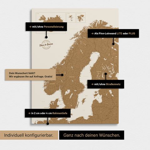 Konfigurationsmöglichkeiten einer Skandinavien-Landkarte als Pinn-Leinwand in Bronze 