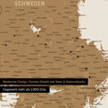 Ausschnitte einer Skandinavienkarte mit der Region Stockholm in Schweden als Pinn-Leinwand in Bronze mit 2.900 Orten