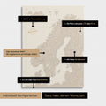 Konfigurationsmöglichkeiten einer Skandinavien-Landkarte als Pinn-Leinwand in Gold 
